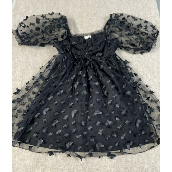 Thirty Thirty LA Black 3D Butterfly Puff Sleeve Babydoll Dress Women Large Sheer - Picture 10 of 14